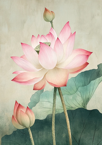 莲花盛开古画水彩细节