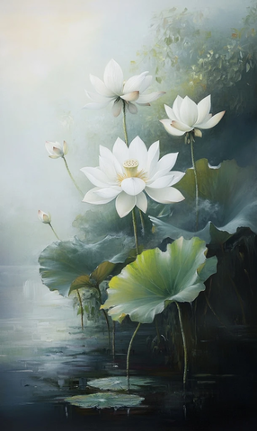 白莲绿叶水墨油彩画