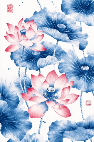 蓝莲花群金色水墨画