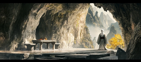 山洞中着古装之人静立的场景