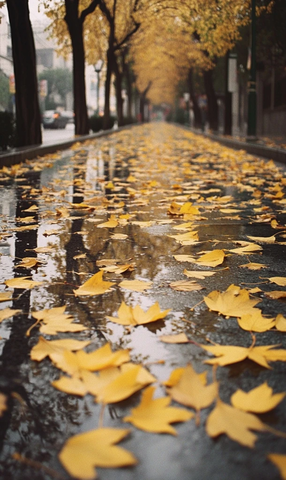 铺满黄叶的潮湿街道秋意浓