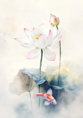 莲花与鱼水彩画