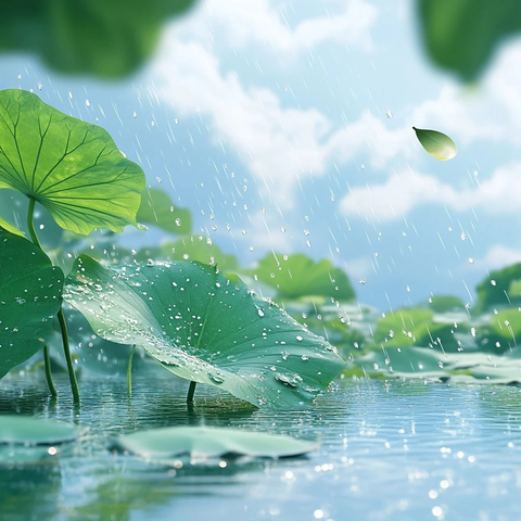 雨滴荷叶蓝天白云