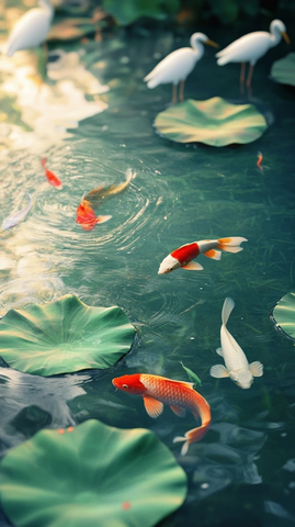 湖面莲花鱼群白鹭