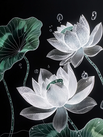 白莲叶脉闪耀黑底插画