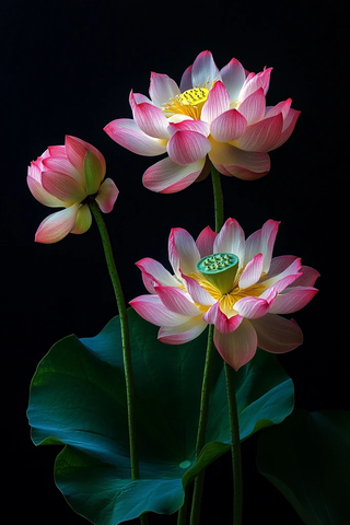 红黄莲花绿叶纯黑背景