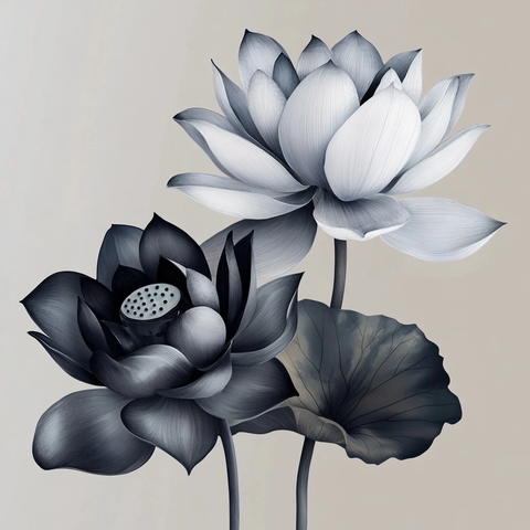 黑白莲花与叶子