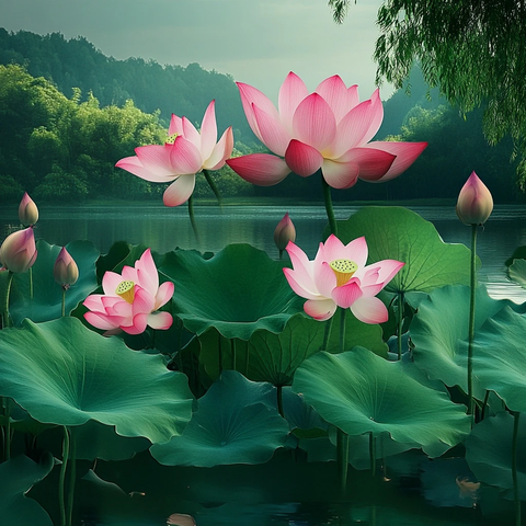 莲花湖中绿叶环绕