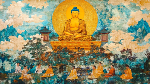 佛像端坐山林间众僧参禅壁画