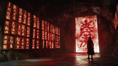 人物独站在刻满红字的神秘洞穴中