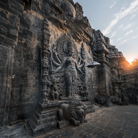 古老石壁雕刻多手神像的壮观景象