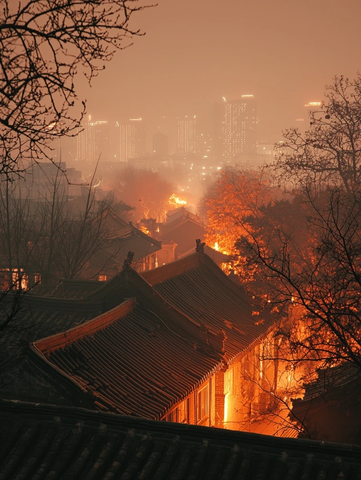 古建筑屋顶夜景与城市灯火相映的景象