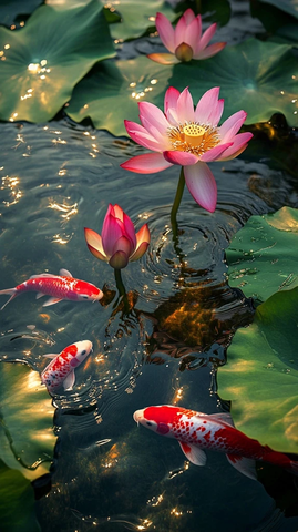 夏日莲叶荷花红鲤鱼