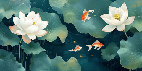 莲花与金鱼水景图
