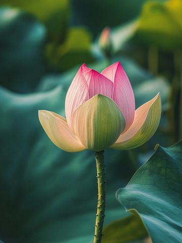 粉色莲花花苞绿叶背景