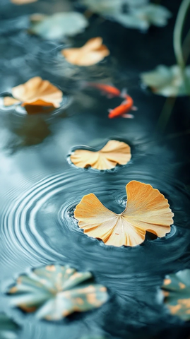 湖面金鱼与黄叶水中游