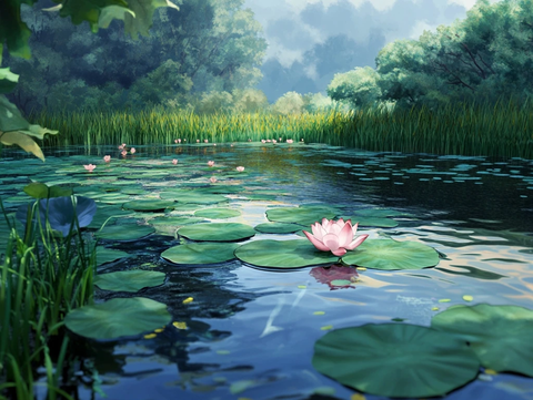 莲花荷叶池塘水草倒影