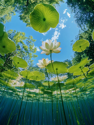 莲叶水草蓝天倒影