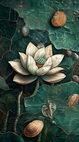 莲花与绿石镶嵌贝壳
