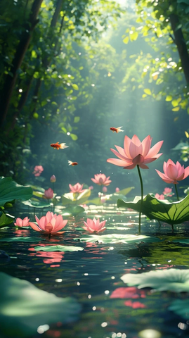 阳光树影鱼蛙莲叶蜻蜓