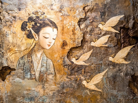 古风女子壁画鸟儿相伴尽显典雅韵味