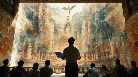 男子在壁画前用电脑讲解的场景