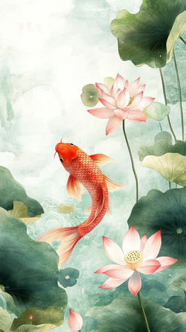 红鲤鱼莲花水彩画