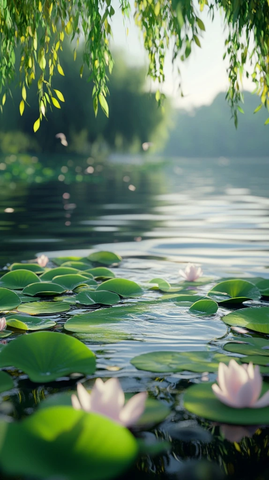 湖面浮萍船迹远景