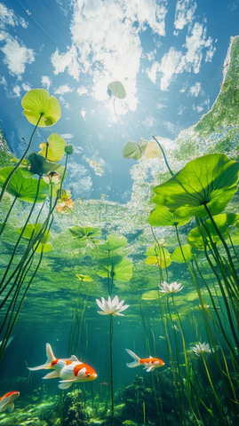莲花水下绿植鲤鱼