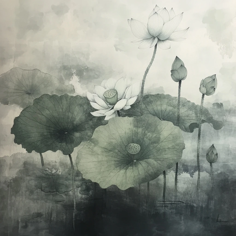 绿墨灰纸莲花叶影