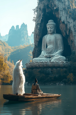 水上小船中的人仰望大佛的宁静景象