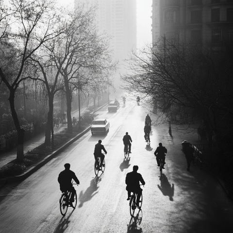 雾中街道上骑行者身影构成的城市剪影