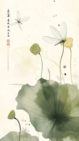 青绿茶香龙纹水彩画