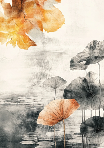 湖面枯黄莲叶全景图