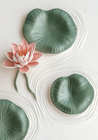 粉莲浮于绿莲叶瓷雕