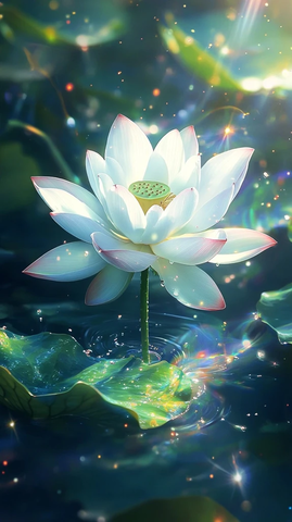 白莲露珠绿叶阳光