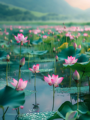 莲花水上漂浮绿草地