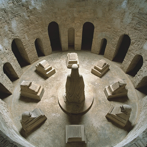 圆形石砌古墓内的雕像及周边石制墓碑