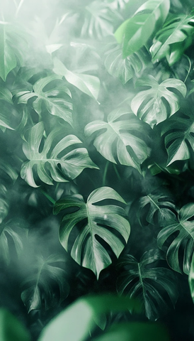 雾中模糊龟背竹叶满布