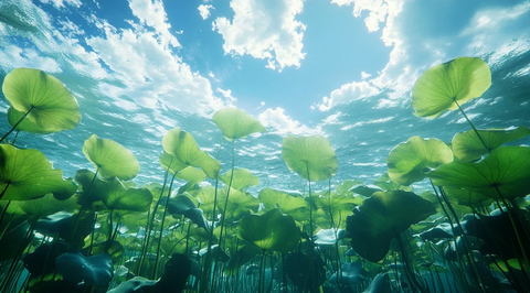 水莲叶浮水面阳光透绿
