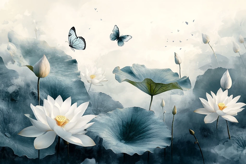 水莲荷叶蝴蝶手绘图