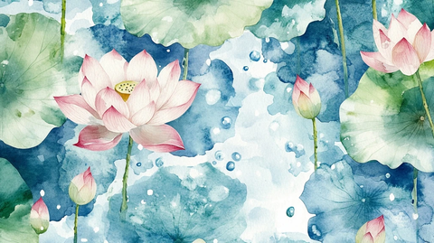 莲花荷叶水滴水彩画