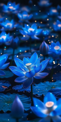 夜湖蓝莲盛开景象