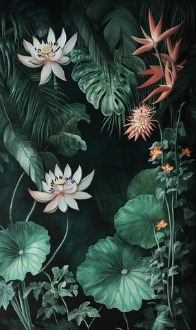 莲花叶鸟蕉藤花墙纸