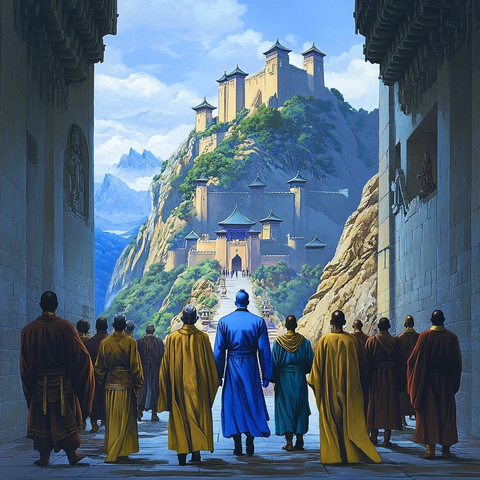 僧众行走于通往山上城堡的道路间