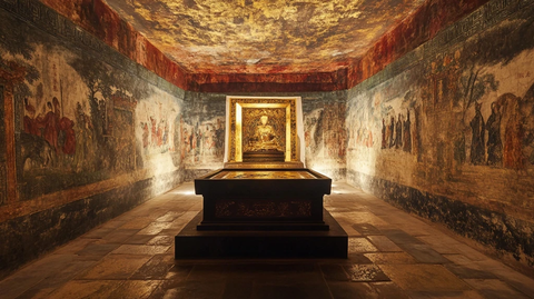 古墓内景全貌展示壁画环绕石棺古朴神秘
