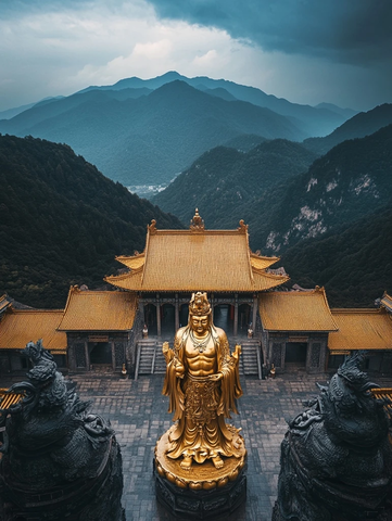 山中寺庙前的金色佛像全景图