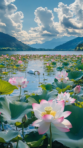 湖面莲叶晶莹露珠天鹅