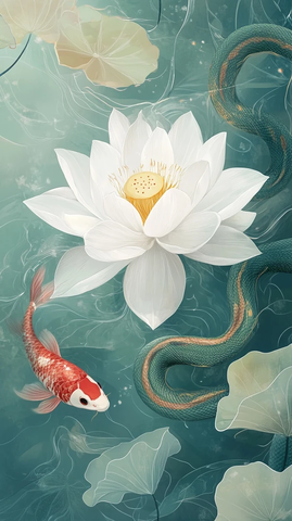 莲花鲤鱼蛇纹水墨画