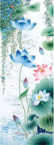 莲花水莲蓝绿山水画